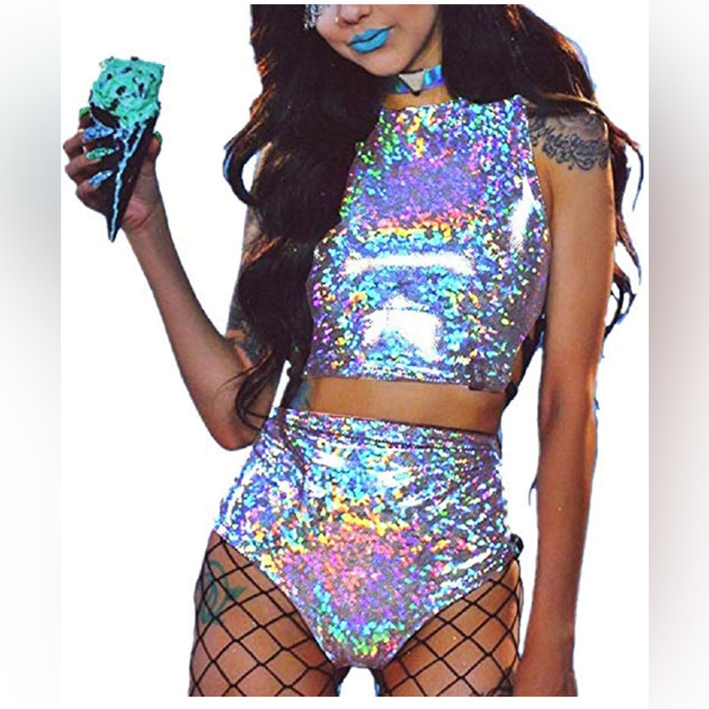 Holographic Bodysuit Mini Two Piece Hologram Metallic Silver